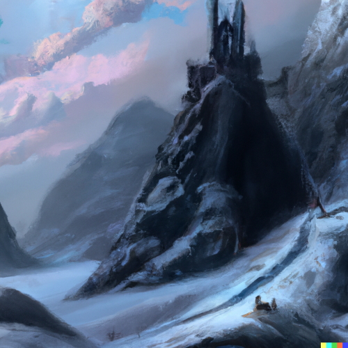 DALL·E 2022-10-05 22.01.03 - A snowy mountain with a dangerous path and a castle, digital art.png